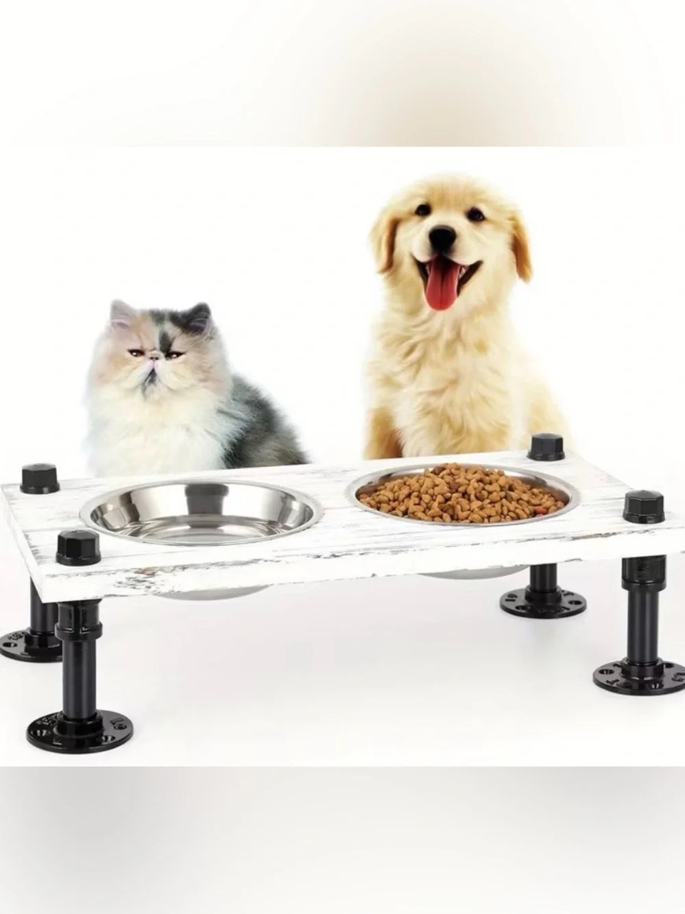 Elevated Pet Dish -Whitewash~Grey W/Black Pipe legs & 2 Stainless Steel bowls 🆕